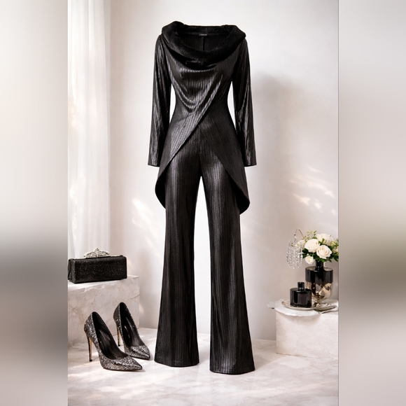 Metallic Black Coordinated Set Faux Fur Collar Made in Germany US 8 Avant Garde - Picture 2 of 5